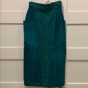 Vintage Green Suede and Leather Pencil Skirt